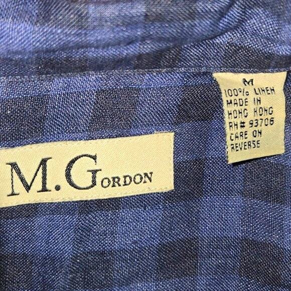 M.G. Gordon XL Blue Black Plaid 100% Linen Short Sleeve Button Casual Shirt - Picture 4 of 8